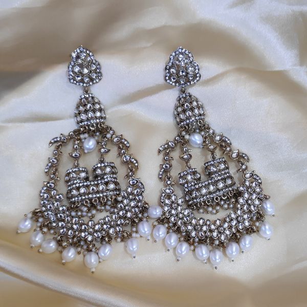 Long Size Heavy Weight Kundan Chandbali With Pearls Detailing