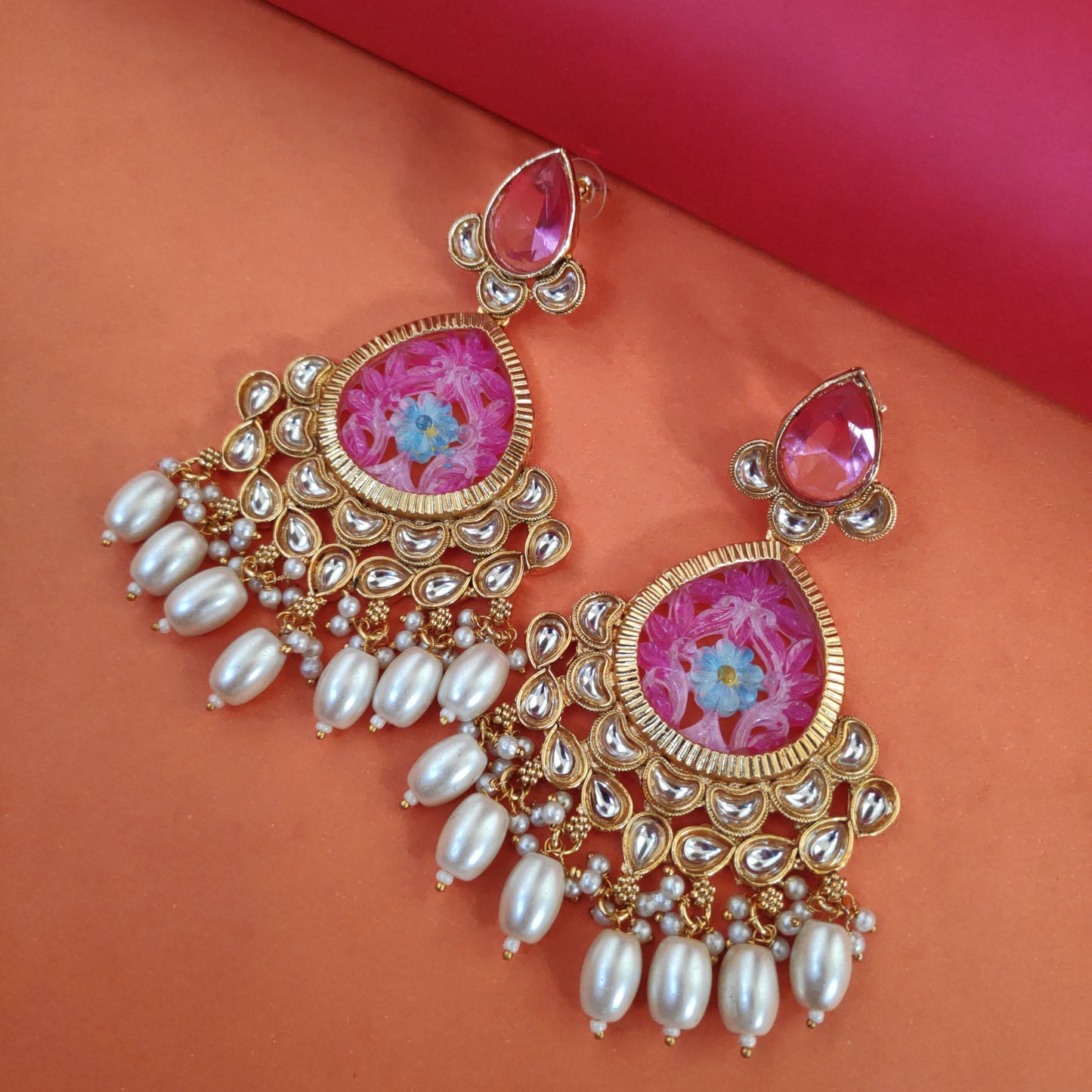 Trendy Marble Kundan Chandbalis With Pearls Detailing