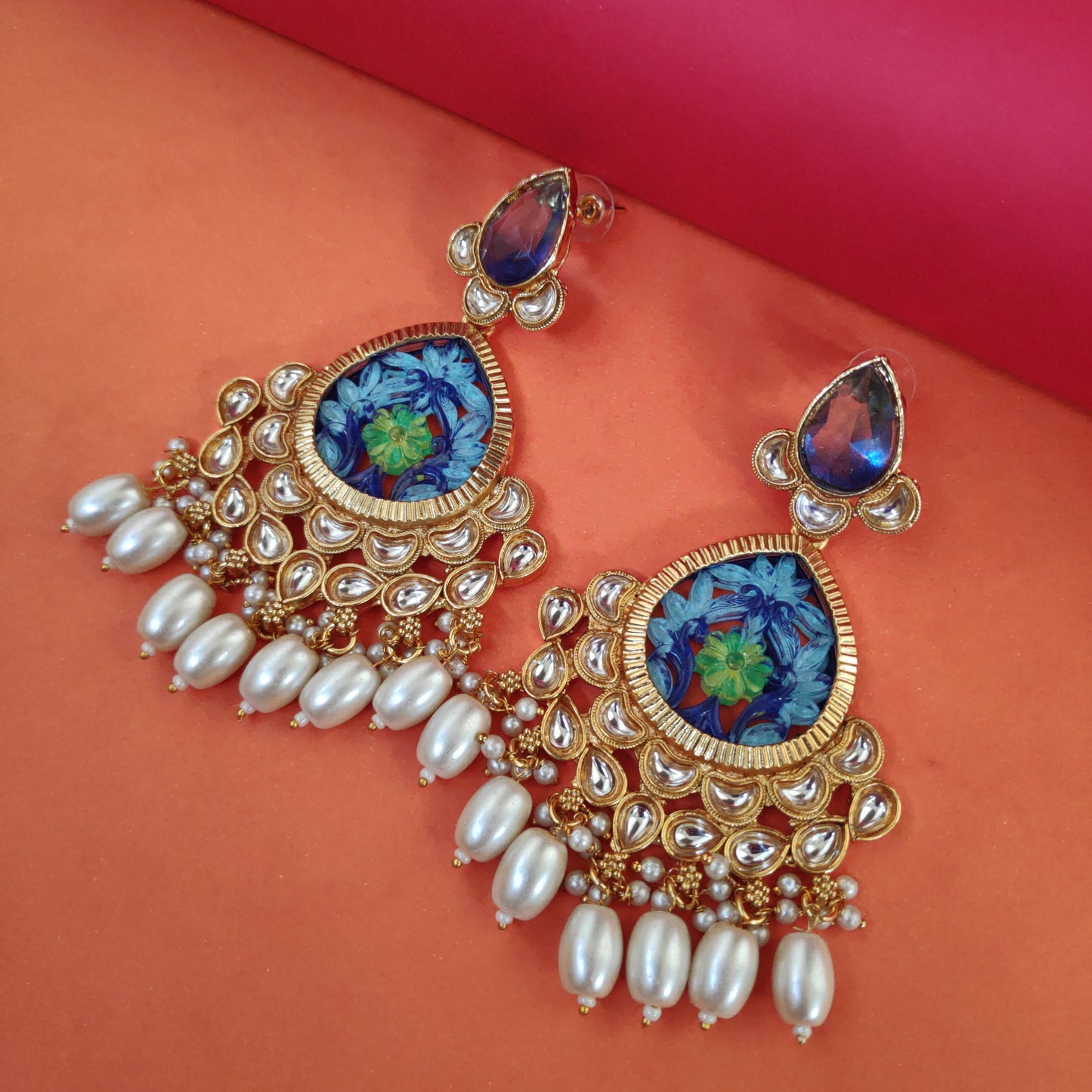 Trendy Marble Kundan Chandbalis With Pearls Detailing