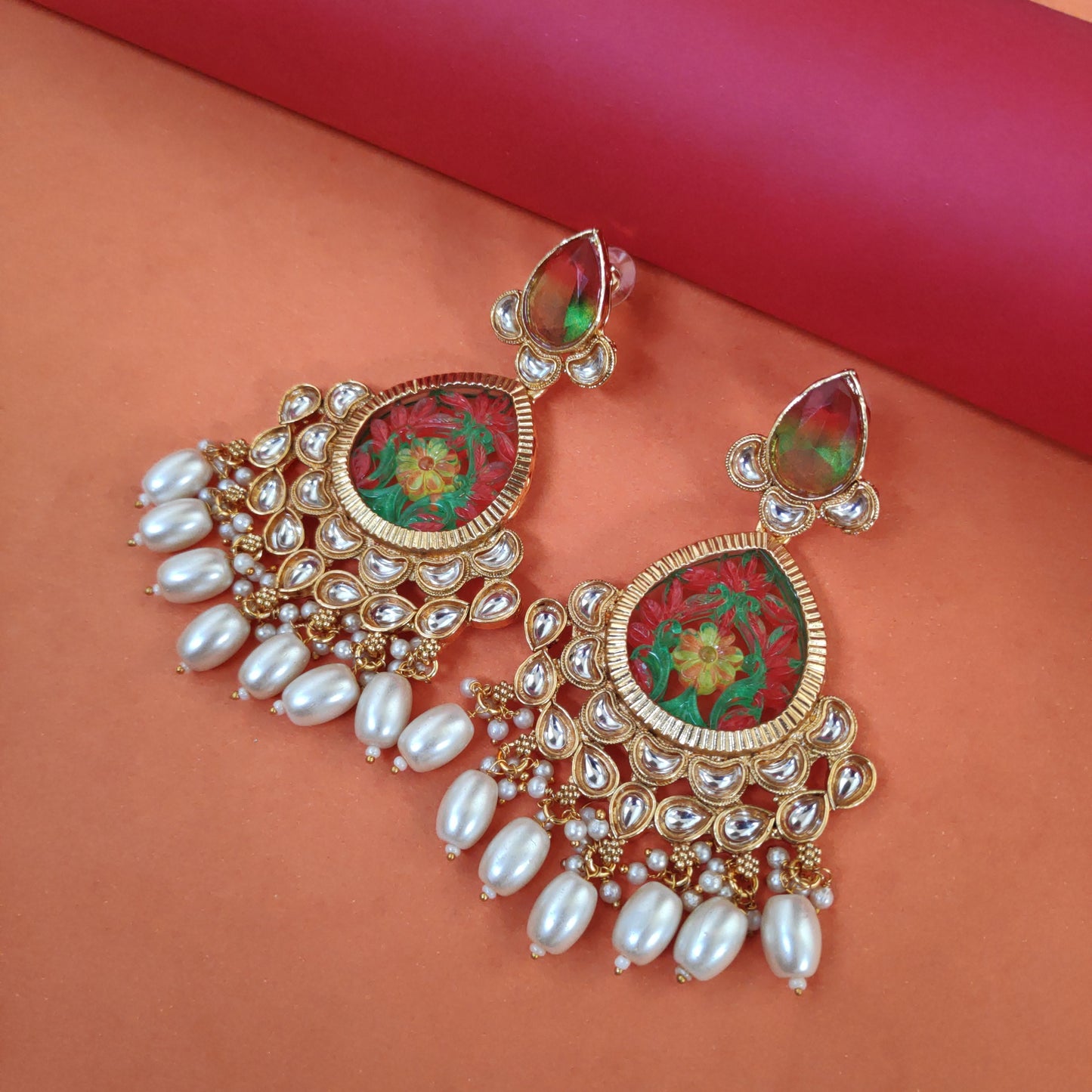 Trendy Marble Kundan Chandbalis With Pearls Detailing