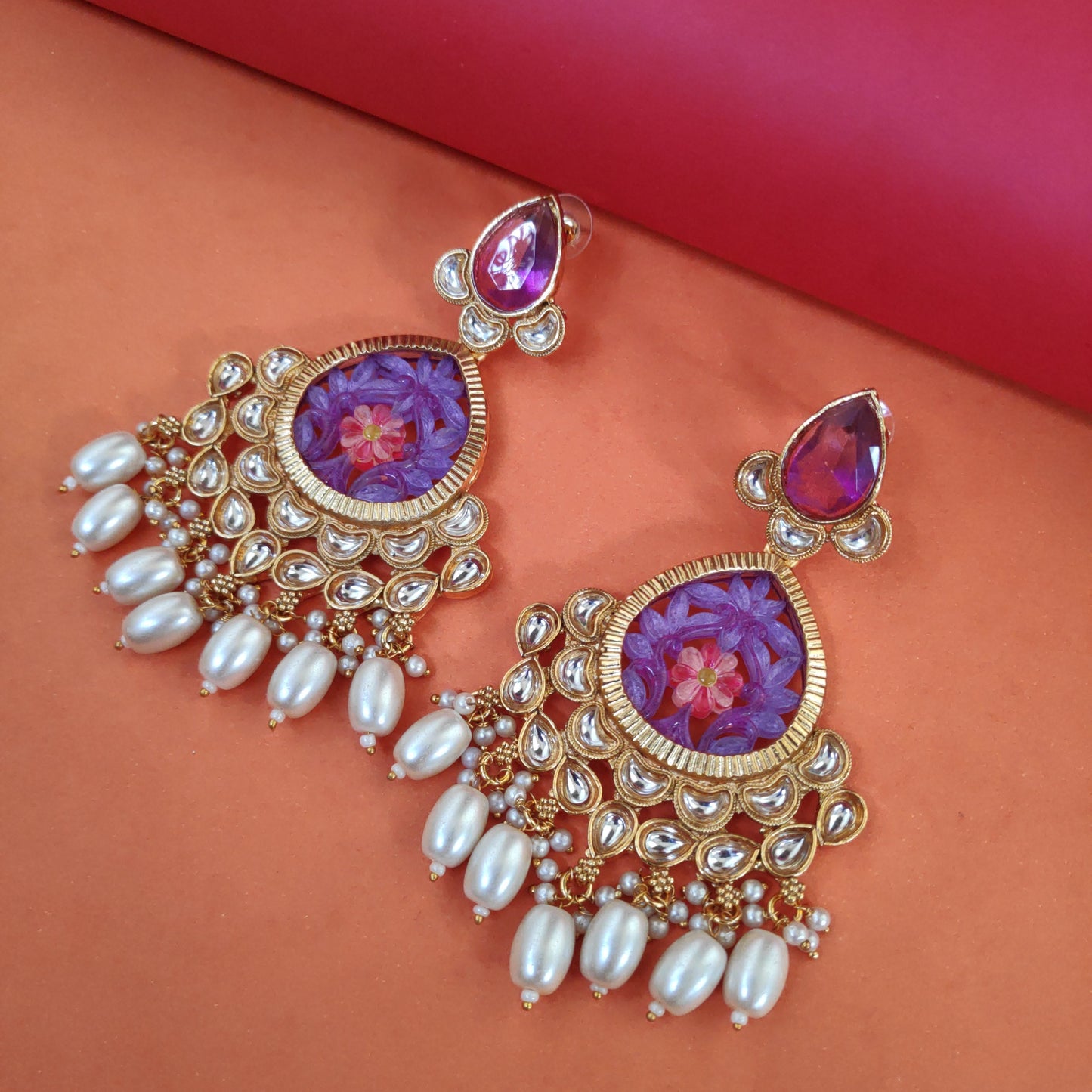 Trendy Marble Kundan Chandbalis With Pearls Detailing