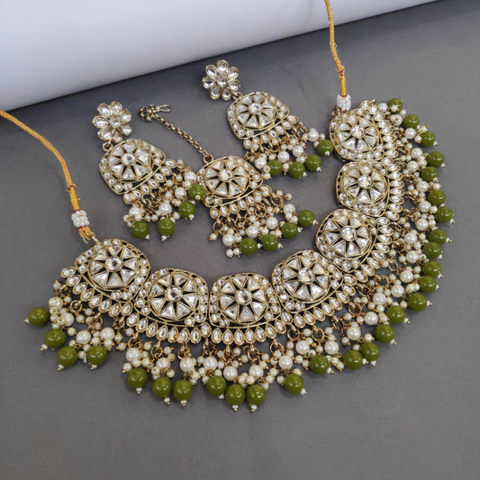 Mehendi Polished Necklace Set With Pachi Kundan Work And Pearls Detailing