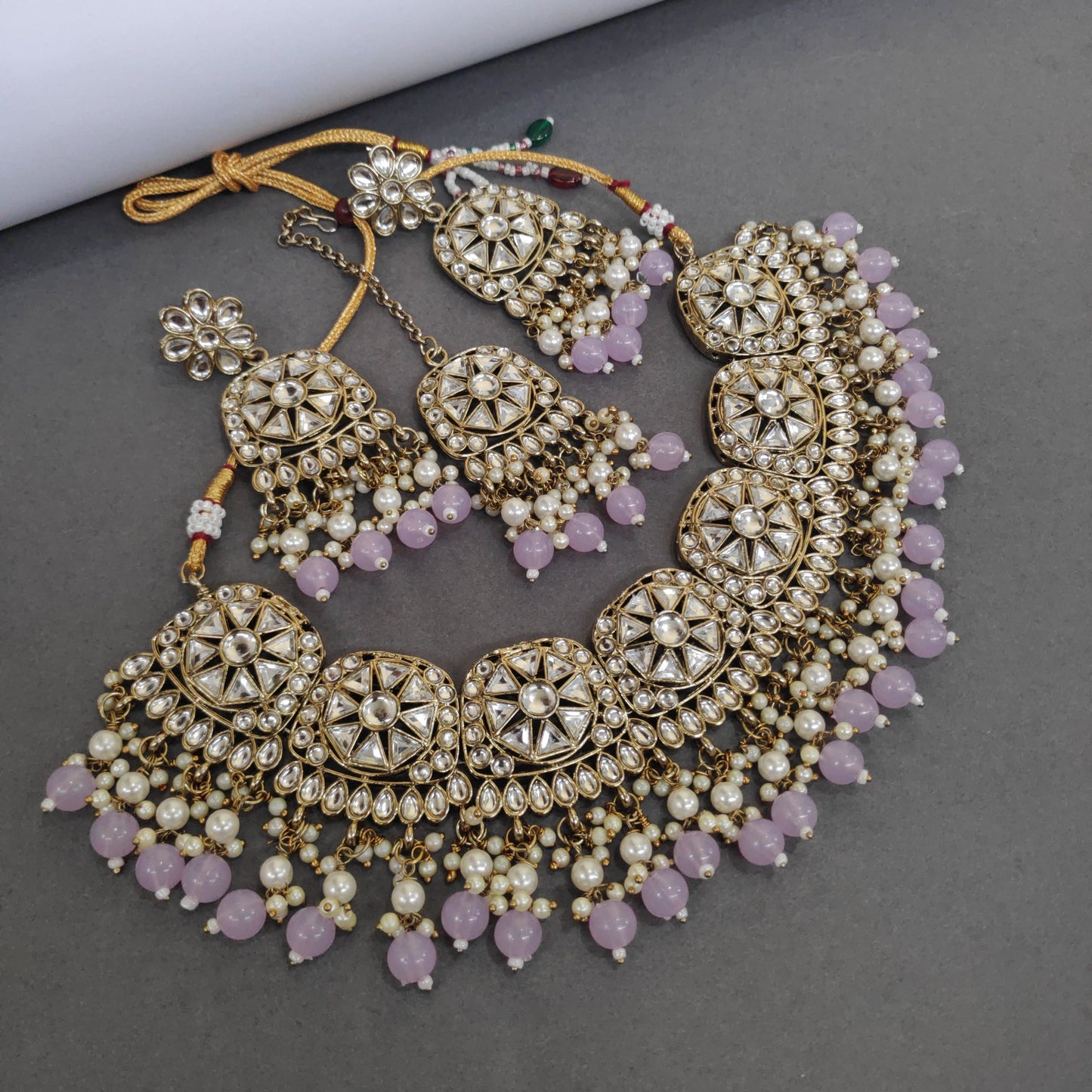 Mehendi Polished Necklace Set With Pachi Kundan Work And Pearls Detailing