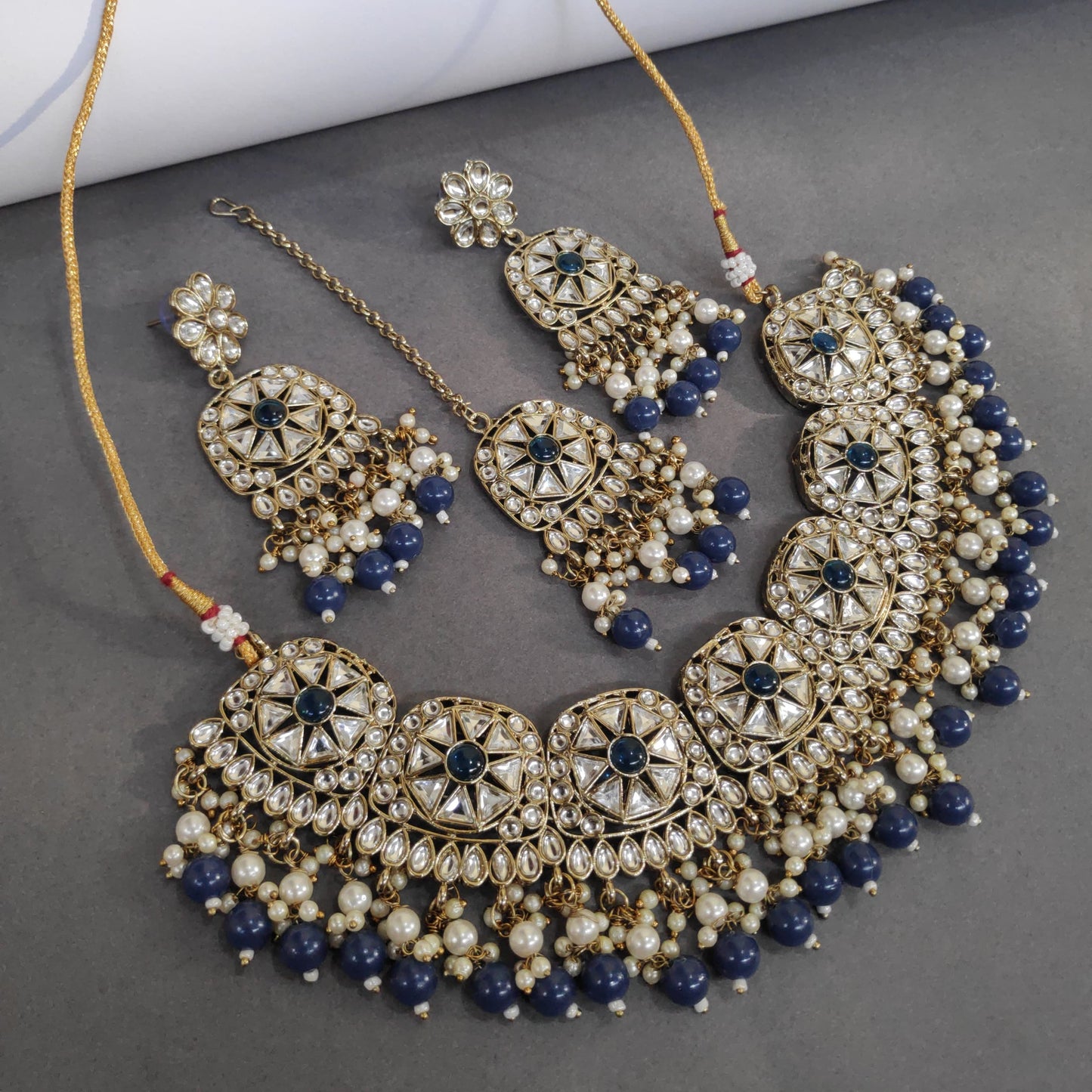 Mehendi Polished Necklace Set With Pachi Kundan Work And Pearls Detailing