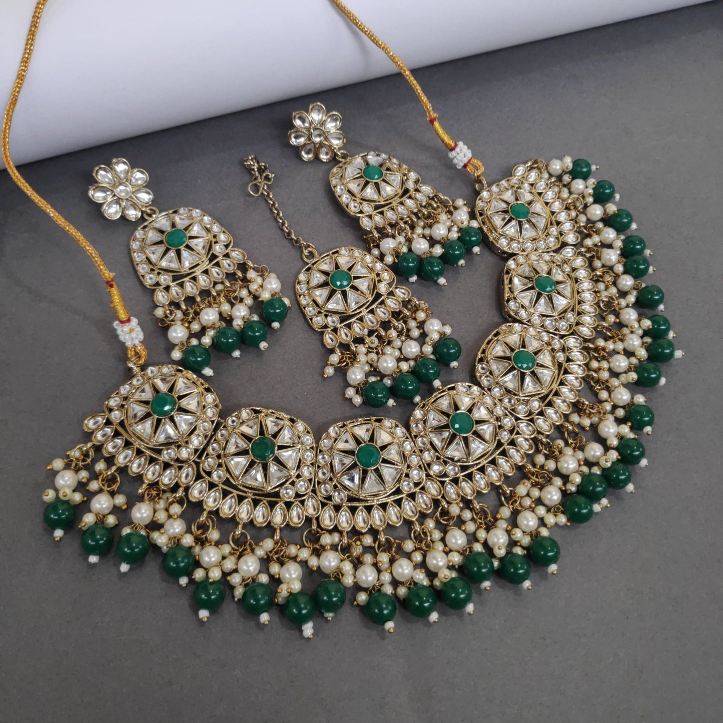 Mehendi Polished Necklace Set With Pachi Kundan Work And Pearls Detailing