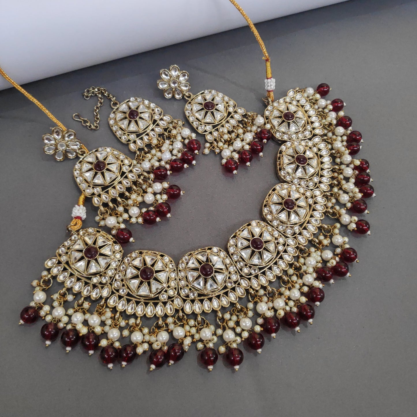 Mehendi Polished Necklace Set With Pachi Kundan Work And Pearls Detailing