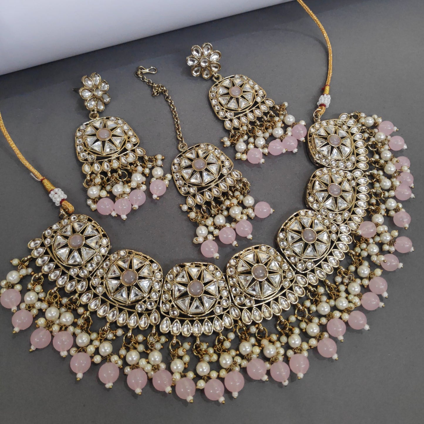 Mehendi Polished Necklace Set With Pachi Kundan Work And Pearls Detailing