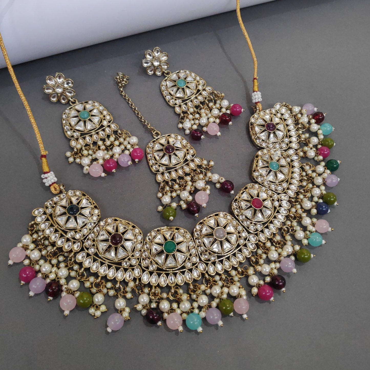 Mehendi Polished Necklace Set With Pachi Kundan Work And Pearls Detailing