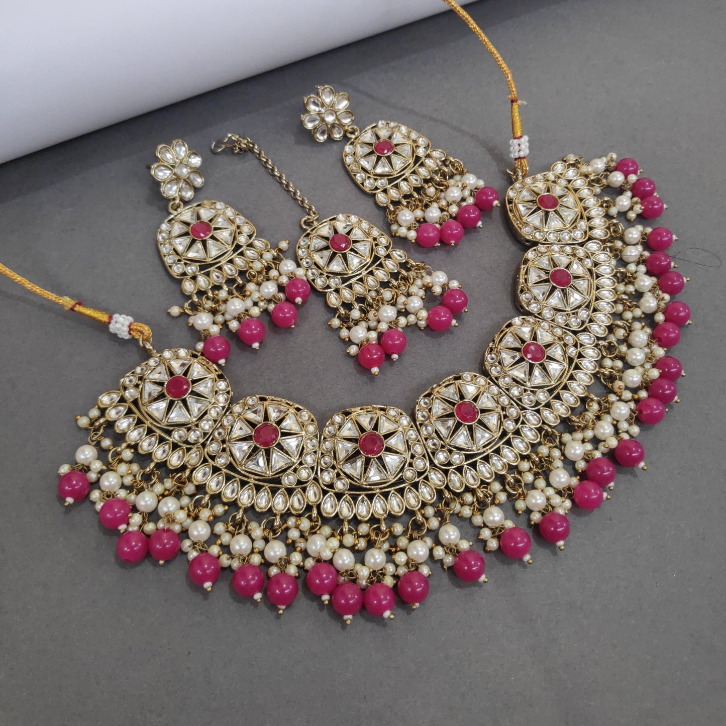 Mehendi Polished Necklace Set With Pachi Kundan Work And Pearls Detailing