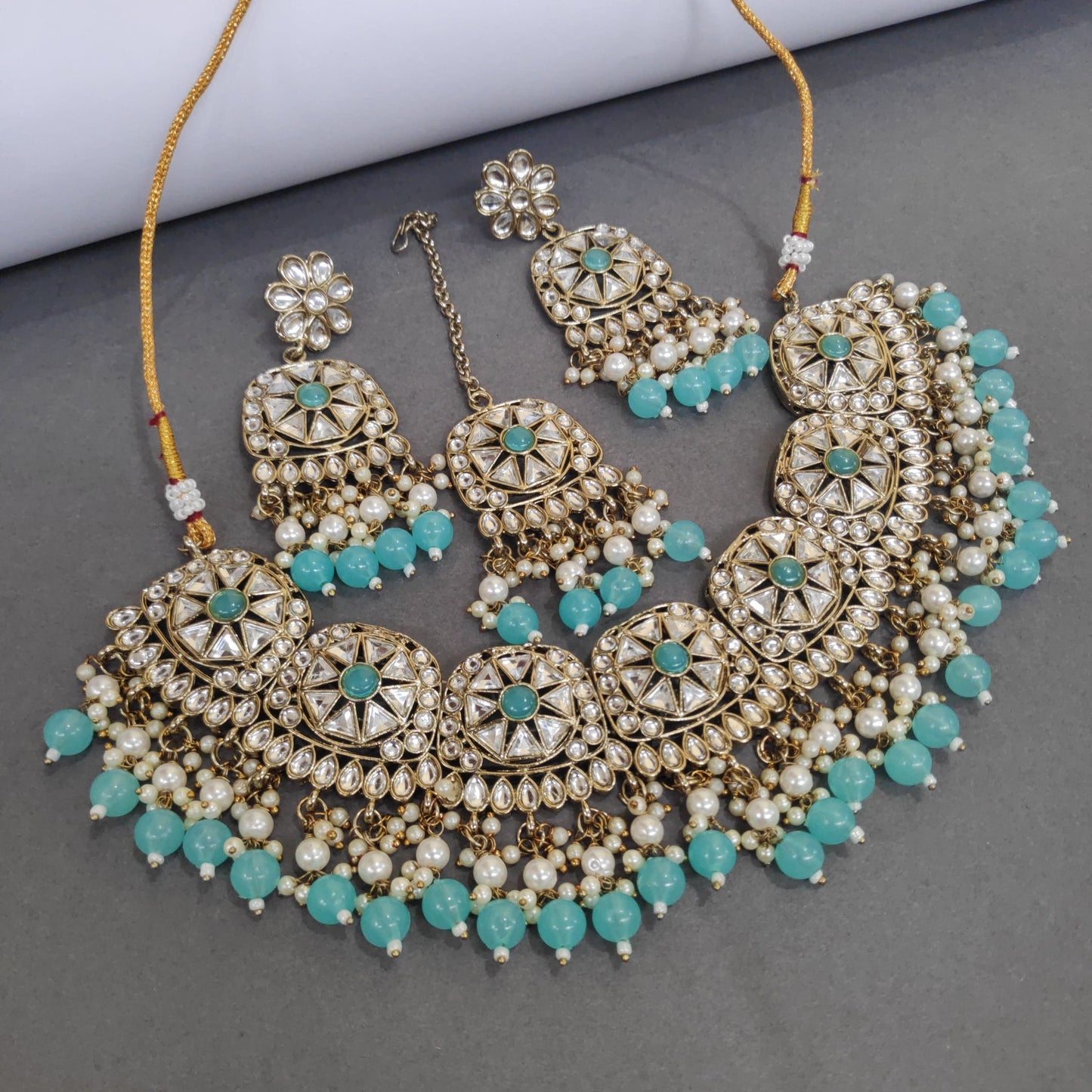 Mehendi Polished Necklace Set With Pachi Kundan Work And Pearls Detailing