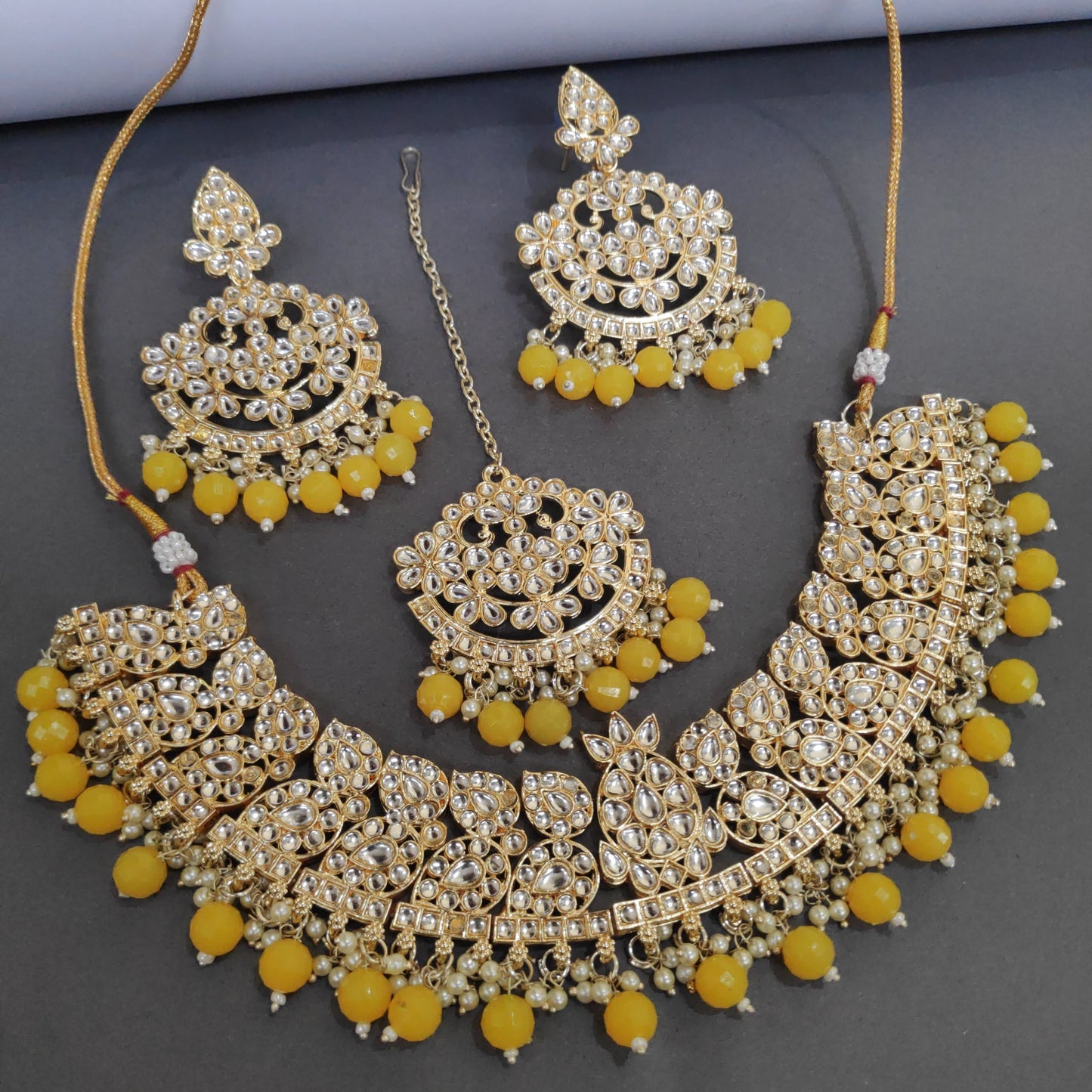 Lekar Gold Polished Necklace Set With Pachi Kundan Work And Pearls Detailing