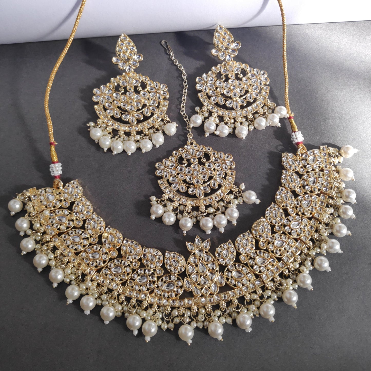 Lekar Gold Polished Necklace Set With Pachi Kundan Work And Pearls Detailing