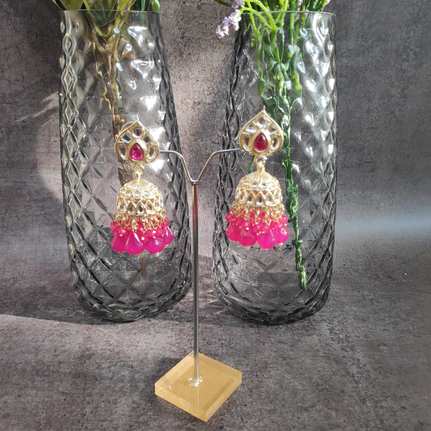 Small Size Daily Wear Lekar Plated Jhumki With Crystal Latkan