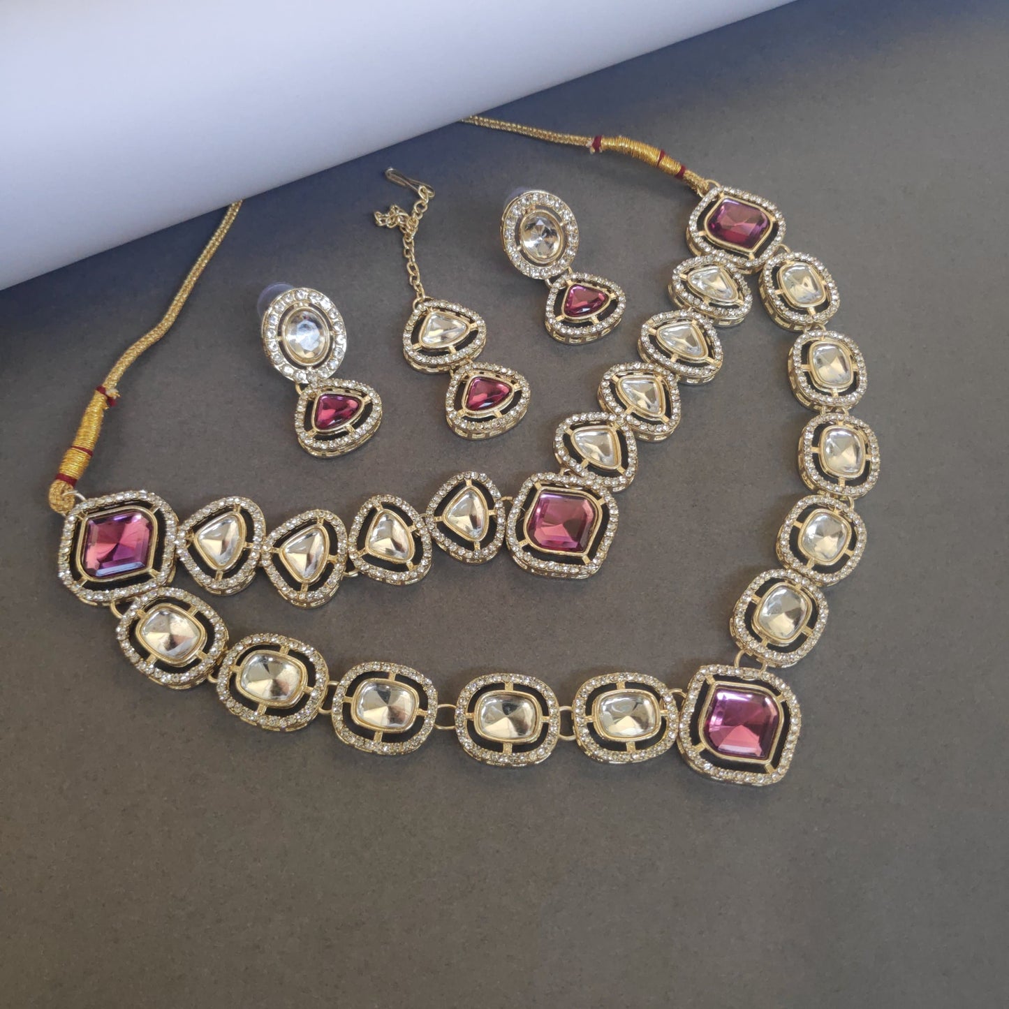 Polki Look-A-Like Small Size Dual Line Necklace Set